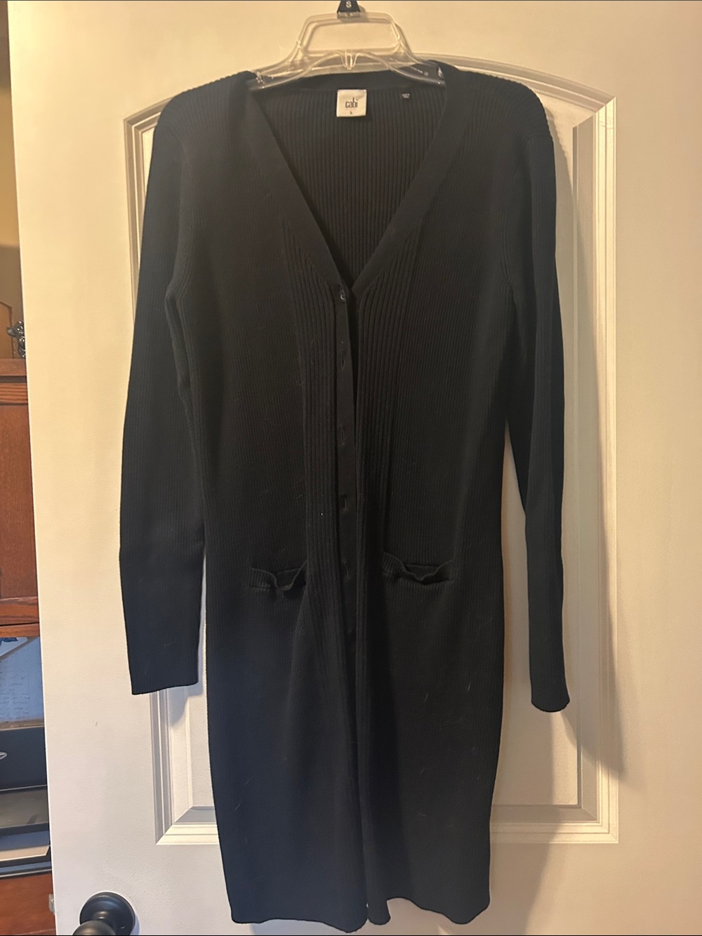 CAbi Long Navy Ribbed Button-Front Cardigan